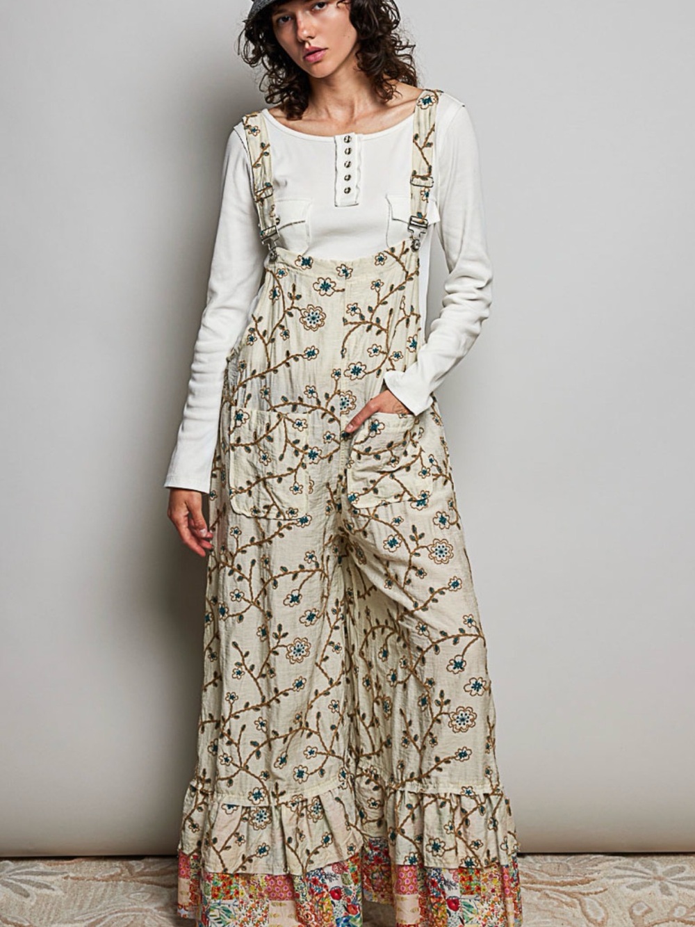 Bohemian Textured Floral Embroidered Wide-Leg Overalls - Cream